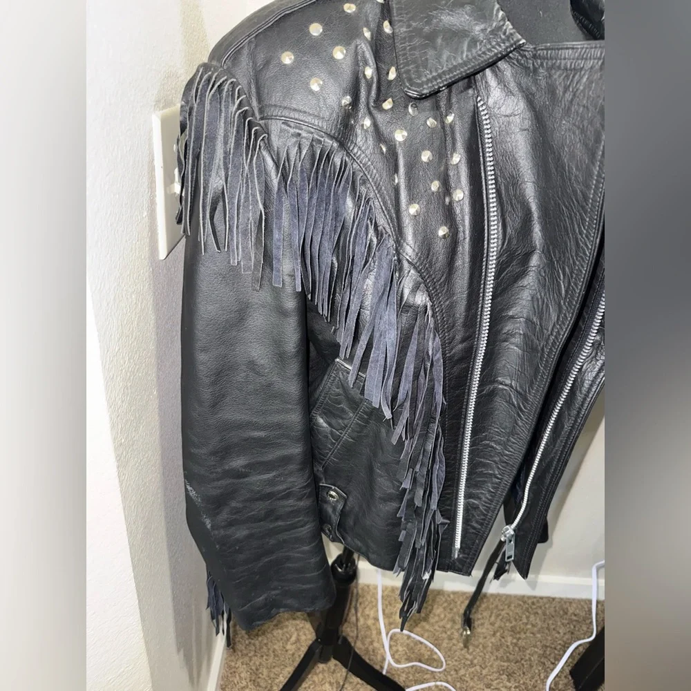 Vintage AMI London Fringe‎ Leather Jacket Studded Western Cowgirl Biker Rocker-L